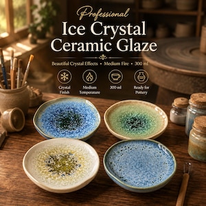 May include: Professional Ice Crystal Ceramic Glaze 300 ml product label with four small ceramic dishes displaying blue, green, and yellow crystalline glaze finishes. The text reads Professional Ice Crystal Ceramic Glaze, Beautiful Crystal Effects, Medium Fire, 300 ml, Crystal Finish, Medium Temperature, and Ready for Pottery.