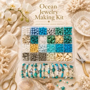 May include: An Ocean Jewelry Making Kit in a clear plastic organizer box with twenty compartments filled with assorted beads, including blue, turquoise, white, and metallic tones, plus sea-themed charms like turtles, starfish, and shells.