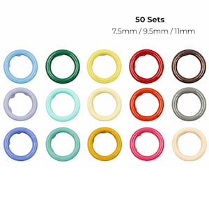 May include: A collection of 50 sets of colorful eyelets in various sizes, including 7.5mm, 9.5mm, and 11mm. The eyelets are arranged in rows, showcasing a variety of colors such as blue, green, yellow, red, and brown.