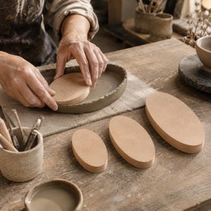 May include: Three smooth, light brown oval wooden forms of varying sizes arranged on a surface, with a fourth identical oval form being pressed into a gray clay dish, alongside a ceramic cup containing various metal sculpting tools.