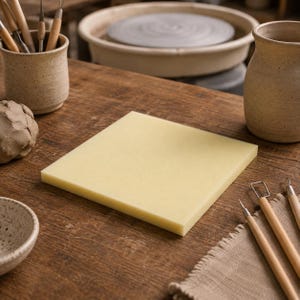 May include: A square, pale yellow, flat slab of foam positioned on a wooden surface. The slab has a smooth, uniform texture and a consistent thickness. It is surrounded by various pottery tools, including wooden-handled sculpting loops and clay.