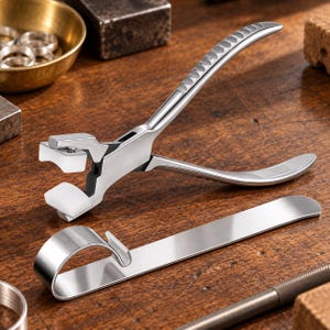 Puede incluir: Un par de alicates de metal plateado con inserciones de nailon blanco en las mandíbulas para agarre, colocados junto a una herramienta de doblado de anillos de metal plateado plana y curva. Los alicates tienen un mango texturizado.