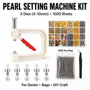 Pearl Setting Machine Kit with 5 Dies (4–10mm), 1000 Rivets, Stud Press Tool for Denim, Bags & DIY Craft