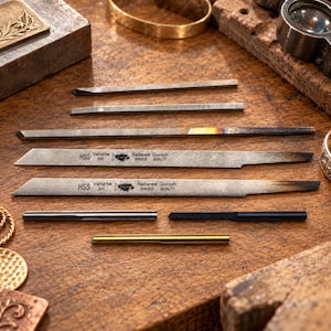 May include: A collection of metal engraving tools including several flat steel gravers, two HSS Valldrbe N6 and N1 blades with Swiss quality markings, a dark cylindrical rod, and a thin gold-coloured rod, all arranged on a wooden workbench surface.
