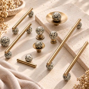 Natural Stone Cabinet Pulls, Solid Brass Drawer Handles, Speckled Stone Cabinet Knobs, Kitchen Hardware, Dresser Pulls, Furniture Handles