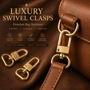 May include: Close-up of gold-colored swivel clasps and a brown leather strap. The image features the text "LUXURY SWIVEL CLASPS" and "Premium Bag Hardware". The clasps are designed for handbags, straps, and leathercraft projects.