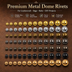 Puede incluir: Una variedad de remaches de cúpula metálicos en varios tamaños y acabados, incluyendo dorado, plateado y negro. La imagen incluye el texto "Premium Metal Dome Rivets" y "For Leathercraft • Bags • Belts • DIY Projects."