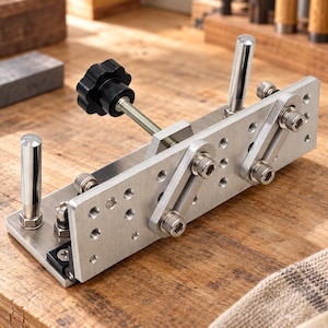 May include: A metal woodworking jig featuring a brushed silver finish, a black plastic adjustment knob, and two vertical cylindrical posts. The device includes a rectangular base plate with multiple threaded holes and two pivoting metal arms.