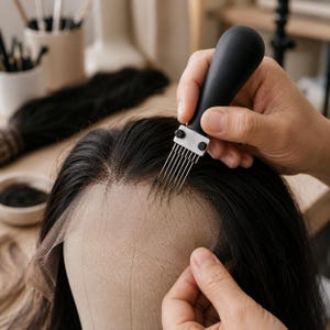 Puede incluir: Una aguja de ventilación de cabello negra con punta de metal y múltiples dientes, utilizada para insertar mechones en una base de peluca de encaje transparente. La herramienta cuenta con un mango negro ergonómico y una cabeza de metal plateado.