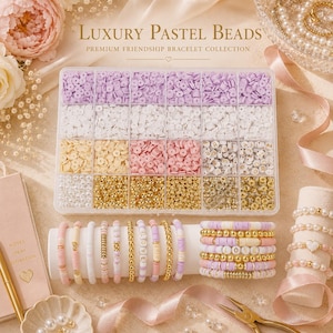 May include: A rectangular clear plastic organizer box filled with assorted pastel, white, gold, and letter beads, labeled Luxury Pastel Beads Premium Friendship Bracelet Collection. Several finished bracelets are displayed on white cylinders.