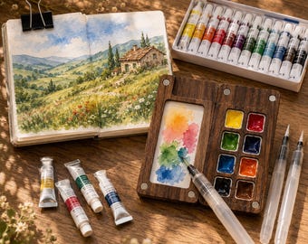Mini Travel Watercolor Kit, Walnut Pocket Paint Palette, Portable Sketchbook Set, Water Brush & 12 Watercolors, Artist Gift