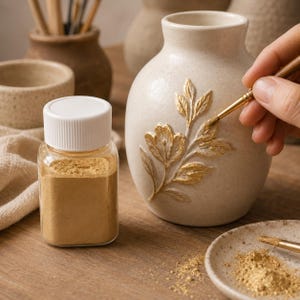 May include: A small clear plastic jar with a white cap containing gold metallic powder, positioned next to a cream-coloured ceramic vase featuring a raised gold floral relief design being painted with a fine-tipped brush.