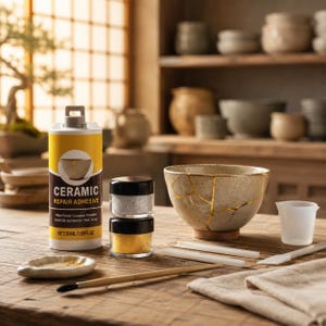 May include: A ceramic repair kit featuring a white bottle labeled CERAMIC REPAIR ADHESIVE with 50ML/1.69FL.OZ, two small jars containing silver and gold powder, a beige bowl with gold kintsugi cracks, a small mixing cup, two white sticks, and a brush.