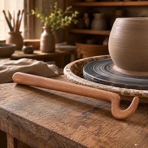 May include: A smooth, light brown wooden pottery tool with a long, cylindrical handle and a curved, hook-shaped end. The tool is positioned horizontally on a textured wooden surface, resting near a ceramic vessel on a pottery wheel.