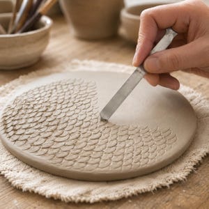 Op de afbeelding: Een plat, rond stuk lichtgrijze klei met een gestructureerd patroon van overlappende halve cirkels die op schubben lijken. Een metalen pottenbakkersgereedschap met een beitelpunt wordt in het oppervlak gedrukt om het ontwerp te maken.