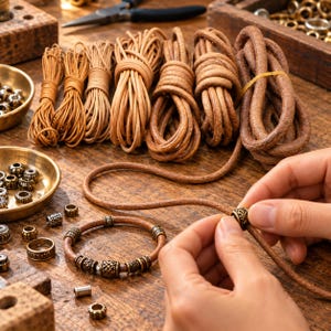 May include: Several coils of brown leather cord in varying thicknesses and shades are arranged alongside a finished bracelet featuring antique bronze-toned metal beads. Additional loose metal beads are scattered in small brass bowls.