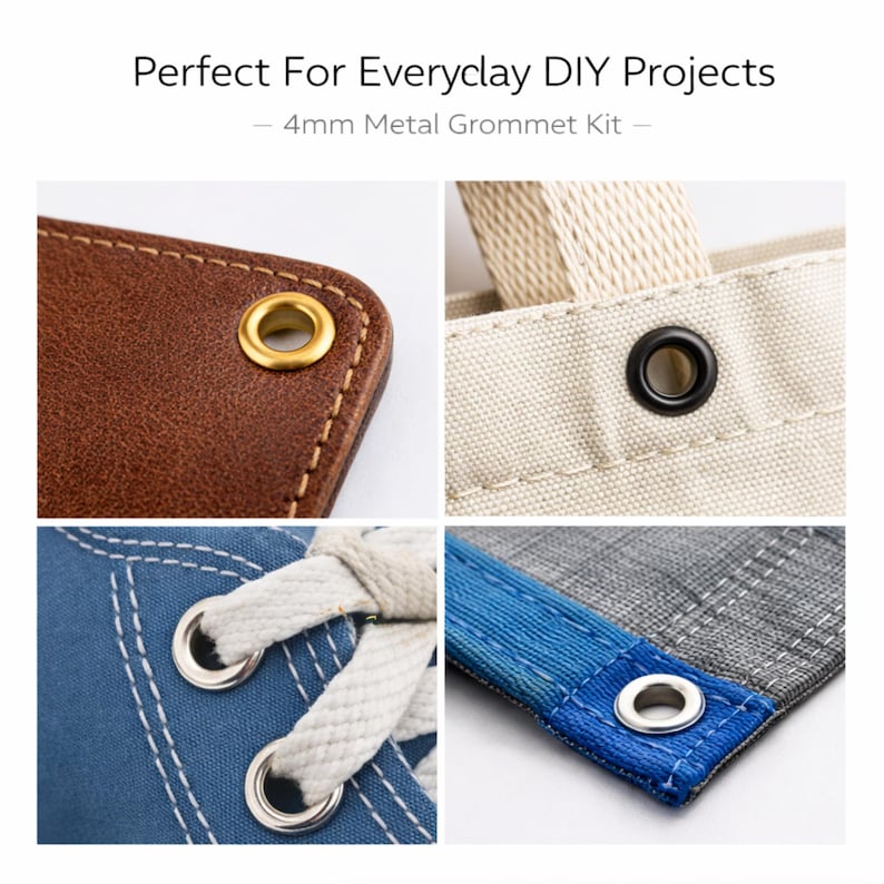 Metal grommet eyelets installed on leather denim and canvas fabric DIY projects