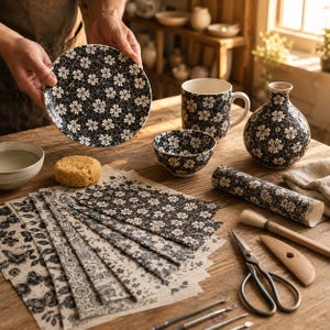 Puede incluir: Una colección de artículos de cerámica con un patrón floral en blanco y negro, que incluye un plato, una taza, un cuenco y un jarrón. También se incluyen varias hojas de papel estampado, una esponja, un pincel, tijeras y varias herramientas.