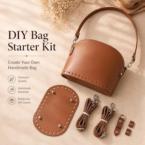 Peut inclure: Un kit de démarrage de sac à faire soi-même avec un sac en cuir marron, une base, des sangles et du matériel. Le kit comprend le texte "DIY Bag Starter Kit" et "Create Your Own Handmade Bag". Le sac a une poignée et est prêt à être assemblé.