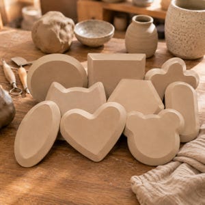 Puede incluir: Una colección de formas de cerámica de color beige claro sin esmaltar, que incluyen un corazón, una cabeza de gato, una cabeza de oso, un círculo, un rectángulo y un óvalo. Estas piezas de arcilla lisa con acabado mate están sobre madera.