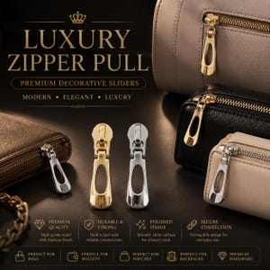 May include: Image features luxury zipper pulls in gold and silver, displayed with various bags and wallets. Text reads "LUXURY ZIPPER PULL" and "PREMIUM DECORATIVE SLIDERS". The pulls are described as premium quality, durable, and polished, with a secure connection.