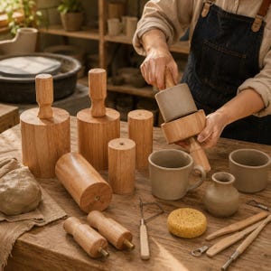 Kit de moules pour tasses en poterie, formes de mise en forme de tasses et de vases en bois, ensemble d'outils de moulage en argile en céramique avec outils de sculpture pour la fabrication de poterie