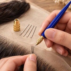 Könnte beinhalten: Ein blaues Haar-Ventilationswerkzeug mit Messingspitze zum Einsetzen von Haaren in eine beige Spitzenbasis. Das Set enthält einen Messing-Nadelhalter, vier kleine Metallnadeln und ein Stück Spitze mit daran befestigten dunklen Haarsträhnen.