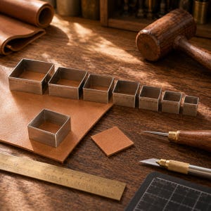 Puede incluir: Un juego de ocho troqueles cuadrados de metal para cuero en tamaños graduados, dispuestos sobre una lámina de cuero color canela. Las herramientas tienen marcas de tamaño grabadas. Un mazo de madera, una regla metálica, un cúter y una lezna.