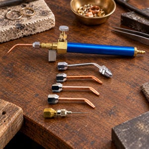 Op de afbeelding: Een blauwe metalen soldeerbrander voor sieraden met een messing ventiel en een set van vijf verwisselbare opzetstukken in verschillende maten en materialen, waaronder koper en zilverkleurig metaal, gerangschikt voor precisiewerk.