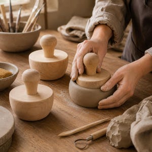 Peut inclure: Trois tampons de poterie en bois clair avec des poignées arrondies et des bases circulaires plates. Deux tampons sont posés sur une table en bois, tandis qu'un troisième est pressé dans un petit morceau d'argile grise ronde.