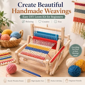 Puede incluir: Un kit de telar DIY para principiantes, con un marco de madera y hilos coloridos. La imagen muestra un tejido en progreso con el texto "Create Beautiful Handmade Weavings" y "Easy DIY Loom Kit for Beginners".