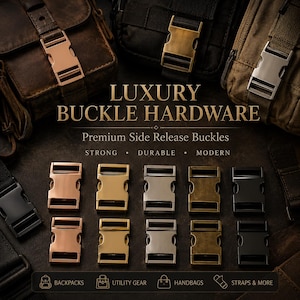 Op de afbeelding: Een assortiment zij-release gespen in diverse metallic afwerkingen, waaronder koper, goud en zwart. De afbeelding toont de gespen op riemen en tassen, met de tekst "LUXURY BUCKLE HARDWARE" en "Premium Side Release Buckles".