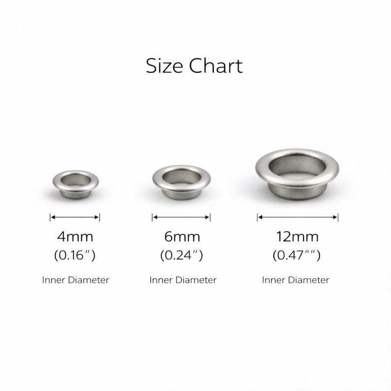Metal grommet eyelet size chart showing 4mm 6mm and 12mm inner diameter measurements