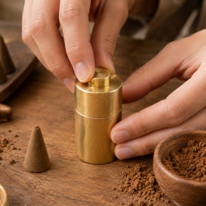 May include: A cylindrical brass incense burner with a smooth metallic finish and a small circular knob on the top lid. The container is composed of two stacked sections, featuring a polished gold-toned surface that reflects light.