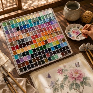 Professional watercolor paint set with vibrant color palette displayed beside finished botanical paintings, artist brushes, porcelain palette, and luxury creative workspace.