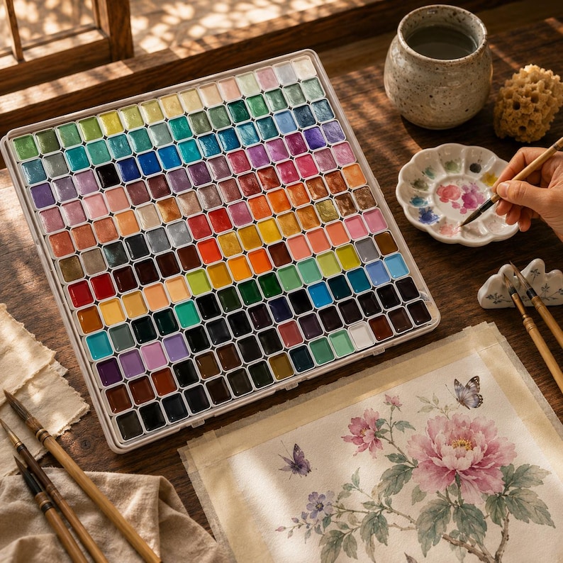 Professional watercolor paint set with vibrant color palette displayed beside finished botanical paintings, artist brushes, porcelain palette, and luxury creative workspace.