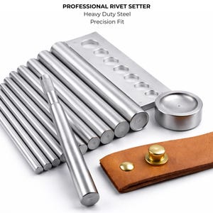 May include: A professional rivet setter kit made of heavy-duty steel. The kit includes various cylindrical tools, a metal plate with multiple holes, and a small metal bowl. A brown leather strap with two gold rivets is also included. The text "PROFESSIONAL RIVET SETTER" is at the top.