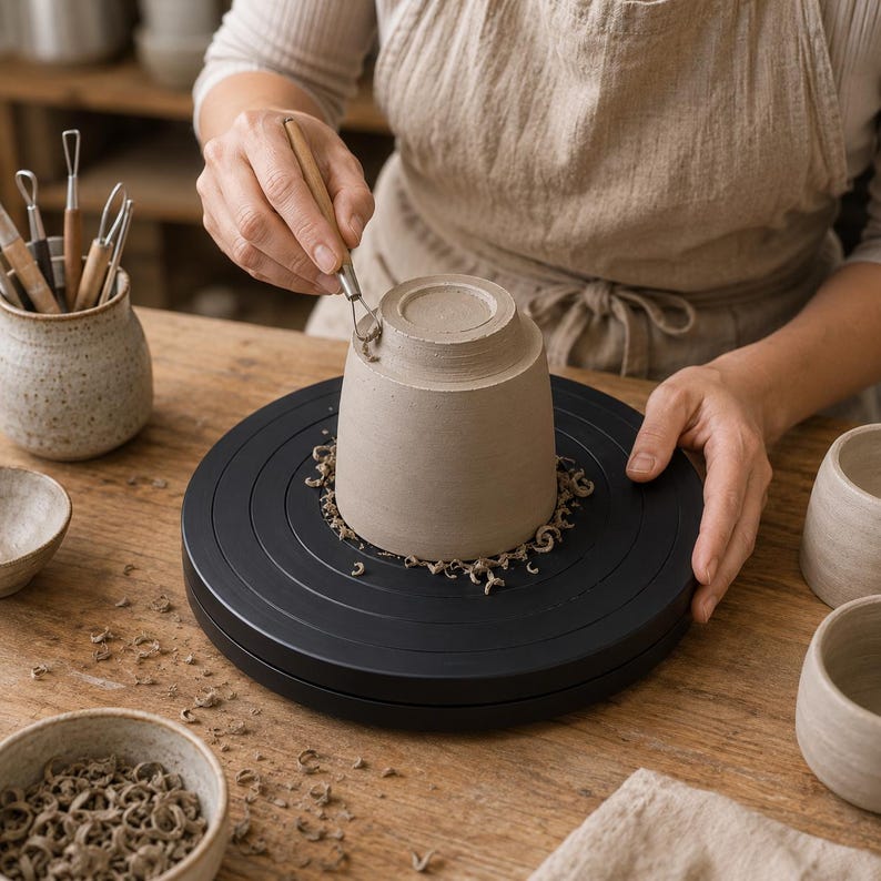 Ceramic artist using a rotating black turntable while shaping a clay vessel