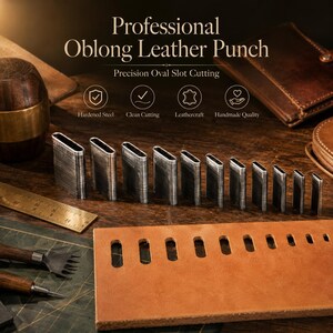 May include: A set of ten graduated metal oblong leather punches arranged in a row, with a piece of tan leather showing corresponding oval slots. The text reads Professional Oblong Leather Punch, Precision Oval Slot Cutting, Hardened Steel, Clean Cutting, Leathercraft, and Handmade Quality.