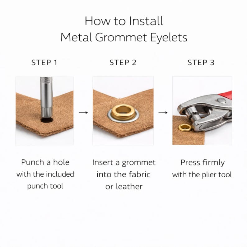 Step by step guide showing how to install metal grommet eyelets using punch and plier tool