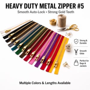 Puede incluir: Una colección de cremalleras metálicas resistentes en varios colores, incluyendo blanco, negro y dorado. Cada cremallera presenta un tirador y dientes dorados. La imagen también muestra suministros de costura y el texto "Heavy Duty Metal Zipper #5".