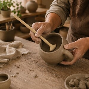 May include: A light brown clay mug being shaped with a smooth wooden tool. The mug has a rounded body, a small base, and a single handle. The wooden tool has a long, thin handle and a flat, rounded head used to press into the interior of the clay.