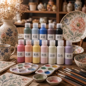 Könnte beinhalten: Eine Sammlung von dreizehn Kunststoff-Quetschflaschen mit verschiedenfarbigen Farben, die jeweils mit einem weißen Etikett mit chinesischen Schriftzeichen versehen sind. Das Set enthält eine Keramikpalette, Schalen und Pinsel.