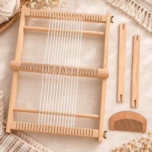 Kit de tear ajustável, tear de tapeçaria de madeira, tear de moldura com lançadeira e pente, ferramenta para iniciantes em tecelagem, materiais para arte em fibra.