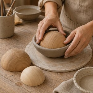 May include: A set of smooth, light-colored wooden hemispherical molds used for shaping clay. The collection includes two separate wooden domes and one dome currently placed inside a gray clay bowl, resting on a circular wooden pottery bat.