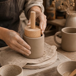 Puede incluir: Un recipiente cilíndrico de arcilla marrón claro moldeado con una herramienta de madera que tiene una base circular plana y un mango vertical. La arcilla es lisa y mate, y descansa sobre un paño de tela beige texturizada en un torno de alfarero.