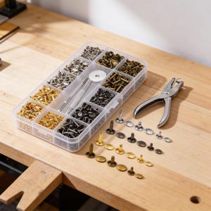 Op de afbeelding: Een doorzichtige plastic organizer gevuld met diverse metalen klinknagels in goud, zilver en zwart. Inclusief een klinknagelzetter, een perforatietang en een assortiment klinknagels in verschillende maten en vormen. De gereedschappen en klinknagels zijn op een houten oppervlak geplaatst.