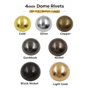 Peut inclure: Présentation de rivets bombés de 4 mm dans plusieurs finitions métalliques : or, argent, cuivre, canon de fusil, nickel, nickel noir et or clair. L'image présente plusieurs couleurs de rivets.
