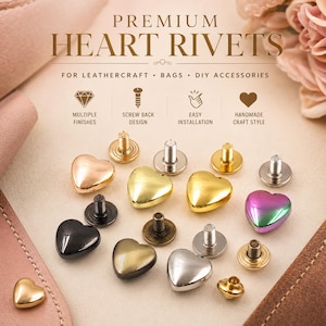 May include: A selection of heart-shaped rivets in gold, silver, black, and iridescent finishes. The image shows the rivets against a light background. Text reads "Premium Heart Rivets" and "For Leathercraft, Bags, DIY Accessories."