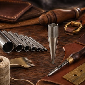 May include: A silver-toned metal leathercraft punch tool with a knurled cylindrical top and a tapered point, surrounded by various metal tubes, a multi-prong stitching chisel, a wooden-handled tool, and a brass ruler on a dark brown surface.